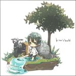  1girl androgynous artist_request bare_feet barefoot chibi grass hermes kino kino_no_tabi long_coat motorcycle short_hair simple_background solo tree vehicle water white_background 