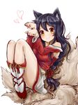  ahri animal_ears bare_shoulders detached_sleeves fox_ears fox_tail furan_(marina6123) hair_between_eyes highres knees_up korean_clothes league_of_legends long_hair looking_at_viewer miniskirt multiple_tails paw_pose sitting skirt slit_pupils smile solo tail thighs yellow_eyes 