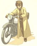  1girl androgynous artist_request black_eyes black_hair gloves hermes kino kino_no_tabi long_coat motorcycle official_art scan short_hair simple_background sleeping_bag solo tagme vehicle white_background 