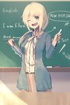  ;d baseball_bat black_scrunchie blonde_hair blue_eyes blush caucasian chalk chalkboard dress_shirt ellen_baker english hair_ornament hair_scrunchie highres holding kumamoto_nomii-kun left-handed long_hair looking_at_viewer low_ponytail new_horizon non-asian one_eye_closed open_mouth scrunchie shirt smile solo star teacher white_shirt 