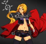  absurdres automail belt black_legwear blonde_hair edward_elric feguimel fullmetal_alchemist genderswap genderswap_(mtf) gloves grey_background highres long_hair navel no_bra pocket_watch removing_cape shorts solo thighhighs watch watermark white_gloves yellow_eyes 