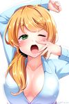  black_scrunchie blonde_hair blush breasts caucasian cleavage ellen_baker green_eyes hair_ornament hair_scrunchie large_breasts long_hair low_ponytail new_horizon non-asian one_eye_closed open_mouth pajamas scrunchie simple_background solo tears twitter_username white_background yawning yuuki_hb 