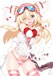  apron blonde_hair blue_eyes blush cake char cream food gloves goggles hair_ornament helmet icing long_hair looking_at_viewer one_eye_closed original panties red_gloves solo squeezing striped striped_legwear striped_panties tears thighhighs underwear wince 