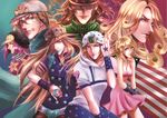  ball bandage_on_face blonde_hair blue_eyes blue_lipstick breasts brown_hair cleavage cowboy_hat diego_brando dress facial_hair funny_valentine gears goggles goggles_on_headwear gyro_zeppeli hat hat_over_eyes horseshoe hot_pants_(sbr) johnny_joestar jojo_no_kimyou_na_bouken light_brown_hair lipstick long_hair lucy_steel makeup medium_breasts pink_dress pink_eyes pink_hair pink_lipstick rearu shaded_face star steel_ball steel_ball_run turtleneck wristband 