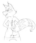  anthro backsack balls black_and_white butt clothed clothing grin guardians_of_the_galaxy hands_on_hips jerseydevil line_art looking_at_viewer looking_back mammal marvel monochrome pants_down partially_clothed pinup pose raccoon raised_tail rear_view rocket_raccoon standing 
