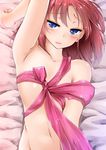  amasora_taichi arm_up armpits bed_sheet blue_eyes blush commentary_request flat_chest gift_wrapping highres long_hair looking_at_viewer lying naked_ribbon navel on_back original red_hair ribbon solo 