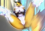  2016 anthro bdsm big_breasts black_sclera blush bondage bound breasts butt canine clothing digimon female fox fur hi_res looking_at_viewer lustful mammal nipples nude pussy renamon simple_background skygracer smile solo white_fur yellow_fur 