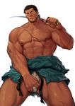  1boy abs bara blush bulge facial_hair looking_at_viewer male_focus muscle nipples pecs simple_background solo sword torn_clothes weapon white_background word 