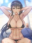  :o abs armpits arms_behind_head arms_up beach bikini black_bikini black_hair blush borrowed_character breasts brown_eyes cleavage collarbone commentary_request highres large_breasts long_hair looking_at_viewer micro_bikini muscle muscular_female navel nekoshi ocean open_mouth original outdoors ponytail sitting solo spread_legs sweat swimsuit tsurime underboob v-shaped_eyebrows 