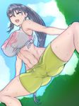  1girl abs armpits ass bare_arms bare_shoulders bike_shorts black_eyes black_hair breasts erect_nipples from_below highres huge_breasts legs long_hair looking_away midriff navel nekoshi open_mouth outdoors ponytail sky sleeveless solo standing sweat tank_top thighs 