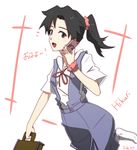  2016 alternate_hairstyle black_hair briefcase brown_eyes character_name dated highres holding holding_briefcase holding_phone horaki_hikari konbari_tariumu leg_up neon_genesis_evangelion phone ponytail red_ribbon ribbon school_uniform scrunchie solo 