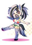  2016 anthro bakki breasts chibi cleavage clothed clothing equine fan_character female mammal my_little_pony one_eye_closed shorts solo wink zebra 