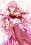  bare_shoulders black_legwear blush breasts bug butterfly deformed flower fuyuki_jun highres insect large_breasts long_hair megurine_luka megurine_luka_(vocaloid4) one_eye_closed parted_lips pink_hair sakura_luka solo thighhighs v4x very_long_hair vocaloid 