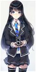  black_hair black_legwear blue_eyes blush camera earrings hadean92 jewelry light_smile long_hair looking_at_viewer necktie original pantyhose parted_lips rolleiflex school_uniform skirt smile solo thighhighs twin-lens_reflex_camera 