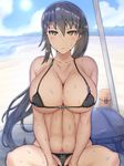  :&lt; abs beach between_legs bikini black_bikini black_hair blush borrowed_character breasts brown_eyes cleavage closed_mouth collarbone commentary_request hand_between_legs highres large_breasts long_hair looking_at_viewer micro_bikini muscle muscular_female navel nekoshi ocean original outdoors ponytail sitting solo spread_legs sweat swimsuit tsurime underboob v-shaped_eyebrows v_arms 