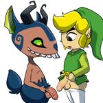  2016 balls belt black_eyes blonde_hair blush butt clothed clothing digital_media_(artwork) duo eyebrows eyelashes glans green_sclera hair hoodie horn human link lonbluewolf male male_focus mammal miniblin monster nintendo open_mouth pants partially_retracted_foreskin penis simple_background surprise symbol teeth the_legend_of_zelda tongue toon_link uncut video_games white_background white_sclera wind_waker yellow_sclera 