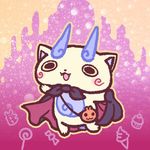  candy cape chill_ykon coin_purse commentary_request cupcake fangs food full_body halloween ice_cream ice_cream_cone komasan lollipop no_humans open_mouth soft_serve solo swirl_lollipop vampire youkai youkai_watch 