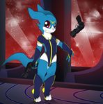  absurd_res anthro anthrofied bulge clothing cute_fangs digimon digitigrade front_view gun hi_res looking_at_viewer male ranged_weapon scalie science_fiction solo space spacescape standing tight_clothing v-d-k veemon weapon 