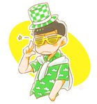  :&lt; cardigan green_shirt hand_in_pocket hat male_focus matsuno_choromatsu osomatsu-kun osomatsu-san patterned patterned_clothing salute shirt shutter_shades solo star top_hat two-finger_salute upper_body yatora_2-gou 