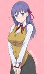  blush breasts fate/stay_night fate_(series) flying_sweatdrops homurahara_academy_uniform large_breasts long_hair looking_at_viewer matou_sakura purple_eyes purple_hair revision school_uniform simple_background smile solo utu_(ldnsft) 