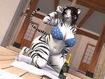  alcohol anthro beverage big_breasts bikini blue_eyes blx24 breasts brown_hair champagne cleavage clothed clothing eyewear feline female food fur glasses hair inside julia kneeling lips mammal navel slightly_chubby solo swimsuit thick_thighs tiger towel voluptuous white_fur wide_hips 