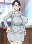  1girl black_hair blue_eyes blush breasts business_suit collarbone glasses hand_on_hip highres huge_breasts impossible_clothes indoors legs long_sleeves looking_at_viewer oreteki18kin original semi-rimless_glasses short_hair skirt smile solo standing suit table thighs white-framed_glasses 