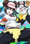  black_legwear double_bun eevee gen_1_pokemon holding holding_poke_ball legwear_under_shorts long_hair mei_(pokemon) pantyhose pantyhose_under_shorts pikachu poke_ball poke_ball_(generic) pokemon pokemon_(creature) pokemon_(game) pokemon_bw2 raglan_sleeves shorts spread_legs thighs twintails visor_cap yuya 