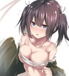  bangs blue_eyes breasts brown_hair bust_cup cleavage collarbone d: detached_sleeves eyebrows eyebrows_visible_through_hair flying_sweatdrops hair_ribbon japanese_clothes kantai_collection large_breasts long_hair no_shirt open_mouth ribbon sarashi solo souryuu_(kantai_collection) tai_(nazutai) twintails underboob v-shaped_eyebrows wet wet_hair 