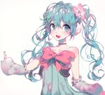  aqua_eyes aqua_hair bare_shoulders bow bowtie choker collarbone colorful_drop_(module) colorful_x_melody_(vocaloid) detached_sleeves flower hair_flower hair_ornament hatsune_miku inhye long_hair looking_at_viewer nail_polish open_mouth project_diva_(series) project_diva_2nd ribbon_trim smile solo teeth twintails vocaloid wavy_hair 
