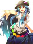  blue_hair food fruit hat hinanawi_tenshi irohara_mitabi jpeg_artifacts long_hair open_mouth outstretched_arm outstretched_hand peach red_eyes salute simple_background smile solo touhou vulcan_salute 