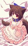  animal_ears borrowed_character bow brown_hair child collar dog_ears dog_tail dress frills hair_bow highres kannagi_cocoa ohiensis original red_eyes ribbon short_hair solo tail 