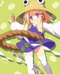  9law blonde_hair hair_ribbon hat hoop hula_hoop moriya_suwako outstretched_arms purple_eyes ribbon rope shimenawa solo spread_arms thighhighs touhou 