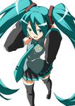  aqua_eyes aqua_hair bare_shoulders black_legwear detached_sleeves from_above hatsune_miku headset long_hair necktie pleated_skirt shouji_nigou skirt solo thighhighs twintails very_long_hair vocaloid zettai_ryouiki 