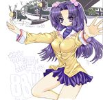  aircraft airplane bomber clannad error hair_bobbles hair_ornament ichinose_kotomi ju_88 long_hair military military_vehicle outstretched_arms outstretched_hand purple_eyes purple_hair school_uniform solo spread_arms toshi_(little-fluffy-cloud) two_side_up world_war_ii 