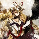  bare_shoulders between_breasts blonde_hair bow bra breasts choker cleavage collarbone corset duca eyelashes hair_bow hat headphones lace lace_bra large_breasts long_hair open_mouth red_eyes ribbon solo touhou underwear very_long_hair yakumo_yukari 