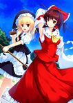  asagi_jun bad_id bad_pixiv_id blonde_hair bow brown_eyes brown_hair detached_sleeves hair_bow hakurei_reimu hat kirisame_marisa long_hair mini-hakkero multiple_girls touhou witch_hat yellow_eyes 