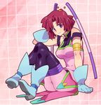  arm_support armlet bad_id bad_pixiv_id bodysuit boots gloves hair_ornament hand_behind_head pink_bodysuit purple_eyes red_hair rinon_toros shiny shiny_clothes short_hair sitting taki_(nakochan) thighhighs zoids zoids_shinseiki/zero 