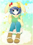  animal_hat anyamal_tantei_kirumin_zoo bad_id bad_pixiv_id blue_eyes blue_hair blush boots bow bunny cloud hair_ornament hat hood hoodie mikogami_rimu neko-san_(dim.dream) overalls ribbon short_hair solo star thighhighs 