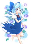  bad_id bad_pixiv_id barefoot blue_eyes blue_hair bow bt_(shio_oninko) cirno dress dress_shirt food hair_bow highres looking_at_viewer pinafore_dress popsicle shirt short_hair skirt_hold solo touhou wings 