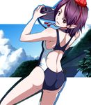  ass black_hair camera competition_swimsuit hat looking_at_viewer looking_back mendou_saya one-piece_swimsuit pointy_ears purple_hair red_eyes shameimaru_aya short_hair smile solo swimsuit tokin_hat touhou 