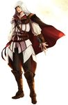  assassin's_creed_(series) assassin's_creed_ii blade brown_eyes brown_hair cape ezio_auditore_da_firenze hidden_blade hood kubokawa_(haifukikara) male_focus solo vambraces weapon 