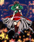  1girl boots bow cross-laced_footwear dress frills front_ponytail green_eyes green_hair hair_bow hair_ribbon highres kagiyama_hina lace-up_boots leaf ribbon solo touhou 