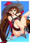  ahoge brown_hair cameltoe earrings flat_chest green_eyes hat jewelry kyoku_tou kyon_feulion leg_garter long_hair panties pantyshot pointy_ears solo super_robot_wars super_robot_wars_og_saga_mugen_no_frontier tail underwear witch_hat 