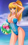  adapted_costume alien arm_up armpits ball blonde_hair blue_eyes breasts casual_one-piece_swimsuit cleavage eyes highres large_breasts long_hair metroid metroid_(creature) navel objectification ocean one-piece_swimsuit ponytail samus_aran see-through sigurd_hosenfeld solo swimsuit zero_suit 