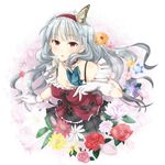  blush bow breasts bug butterfly choker cleavage daisy face flower gloves hairband idolmaster idolmaster_(classic) insect k.y_ko long_hair medium_breasts red_eyes red_flower red_rose rose shijou_takane silver_hair solo 