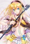  blonde_hair blue_eyes bracelet cable cd choker collar headphones highres jewelry lily_(vocaloid) lira_mist long_hair microphone microphone_stand midriff miniskirt navel skirt smile solo vocaloid 