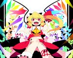  :d blonde_hair bloomers colorful fangs flandre_scarlet foreshortening hat looking_at_viewer mzh no_nose open_mouth outstretched_arms outstretched_hand red_eyes side_ponytail slit_pupils smile solo touhou underwear wings 