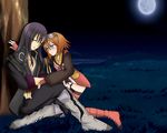  1girl black_hair blush boots closed_eyes couple fingerless_gloves gloves goggles goggles_on_head grass green_eyes hetero knee_boots kneeling kurobane long_hair night night_sky orange_hair rita_mordio short_hair sitting sky sleeping tales_of_(series) tales_of_vesperia thighhighs tree yuri_lowell zettai_ryouiki 