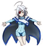  ahoge artist_request bare_legs blazblue blush bodysuit braid cape closed_eyes eyepatch long_hair nu-13 outstretched_arms silver_hair smile solo spread_arms 