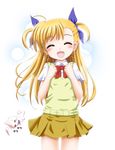  ^_^ blonde_hair closed_eyes flipper long_hair lyrical_nanoha mahou_shoujo_lyrical_nanoha_vivid ribbon sacred_heart school_uniform skirt smile solo st._hilde_academy_of_magic_uniform sweater_vest two_side_up vivio 